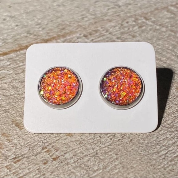 5/$25 Orange Druzy Silver Studs Earrings HOLIDAY EARRING SALE REDUCED SHIPPING! - Picture 1 of 15